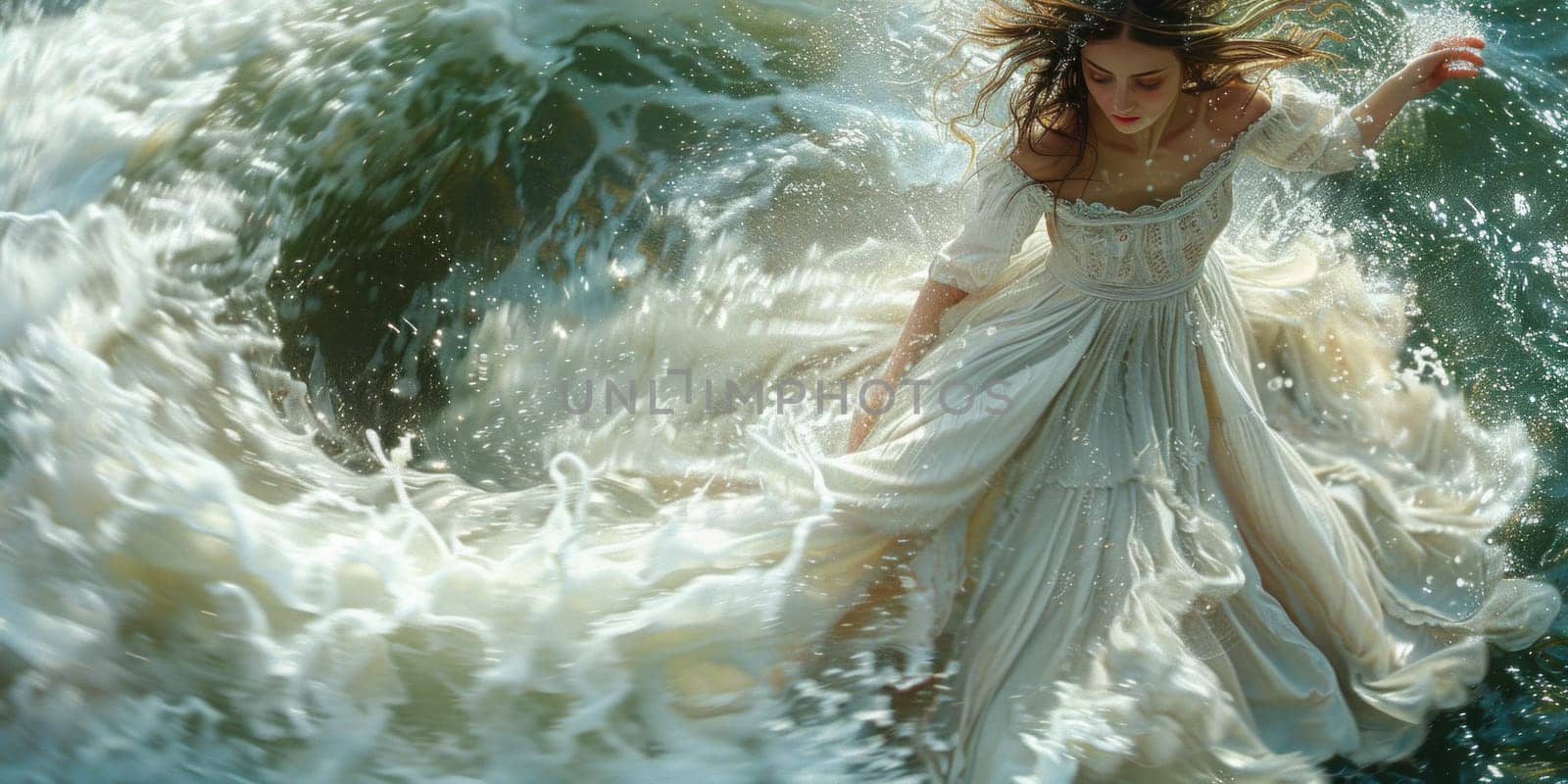 A breathtaking painting of a woman in a flowing dress, standing gracefully amidst a tranquil water setting, embodying serenity and elegance.
