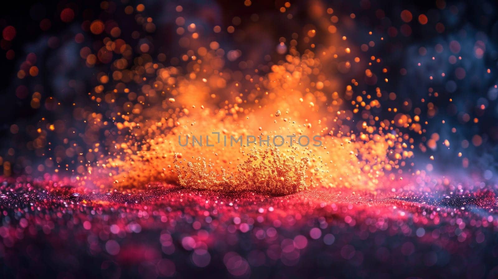 A vibrant explosion of bright yellow and red dust fills the scene, creating a dynamic and powerful visual display.
