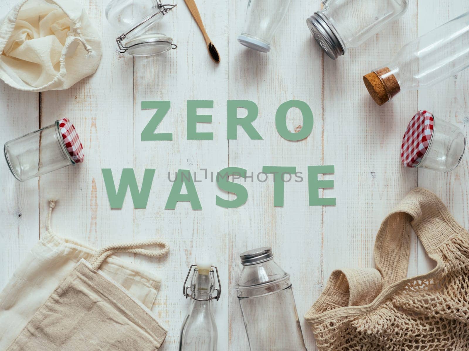 Zero waste paper text and eco bags, glass jars by fascinadora