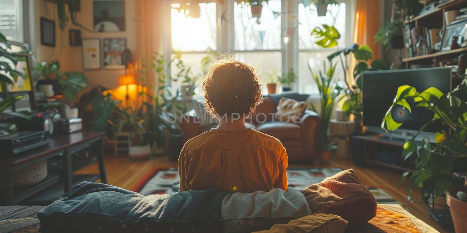 A person relaxes on a couch amidst the hustle and bustle of a living room with children washing the floors by but_photo