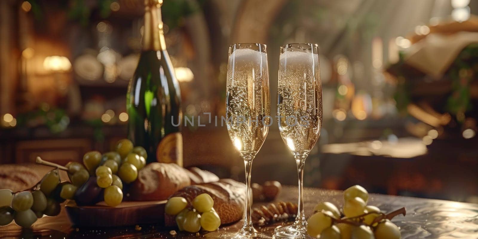 A luxurious scene featuring two glasses of champagne standing next to a bountiful bunch of fresh, ripe grapes.