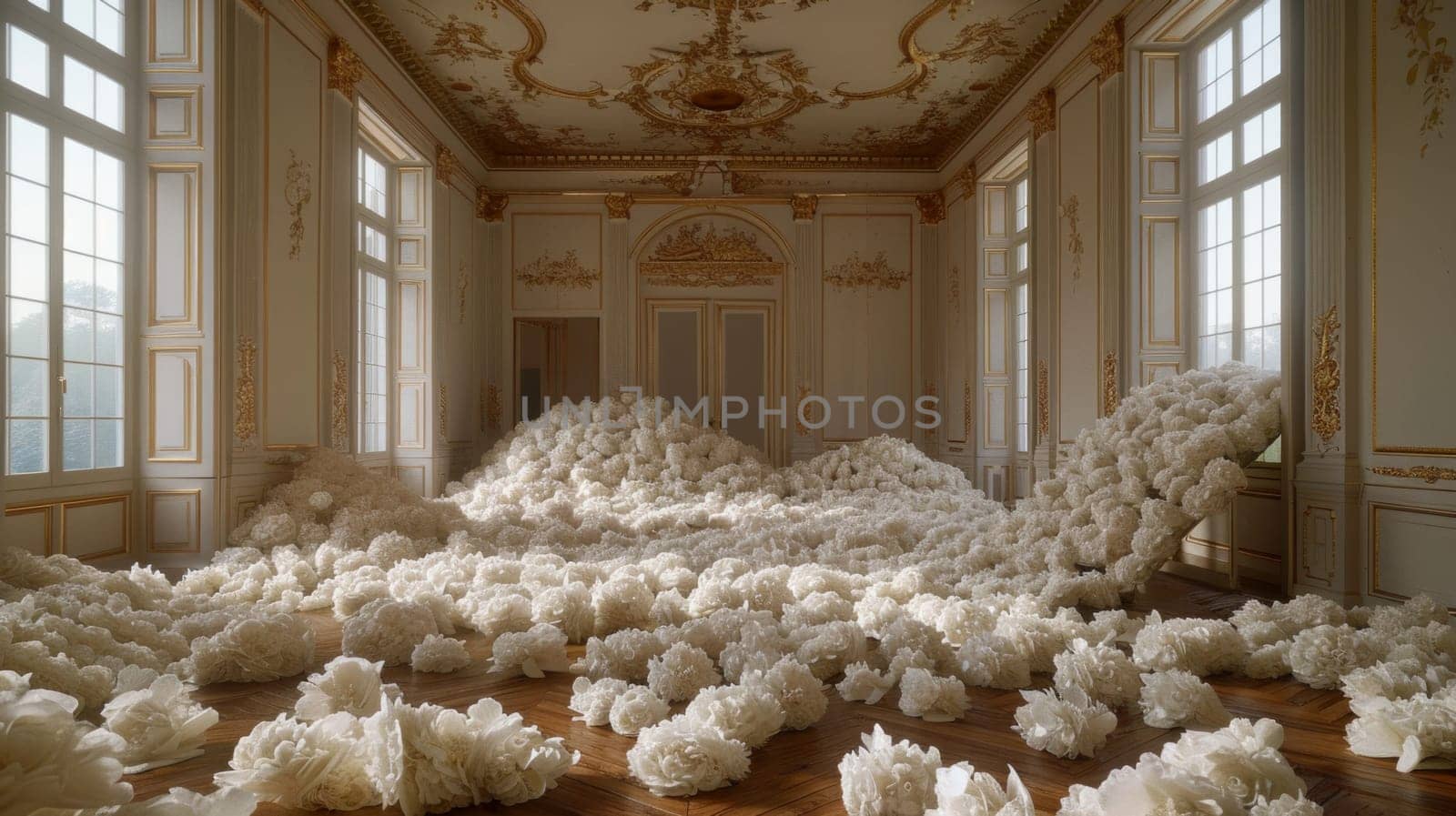 A grand room brimming with a sea of delicate white flowers, creating a serene and enchanting atmosphere.
