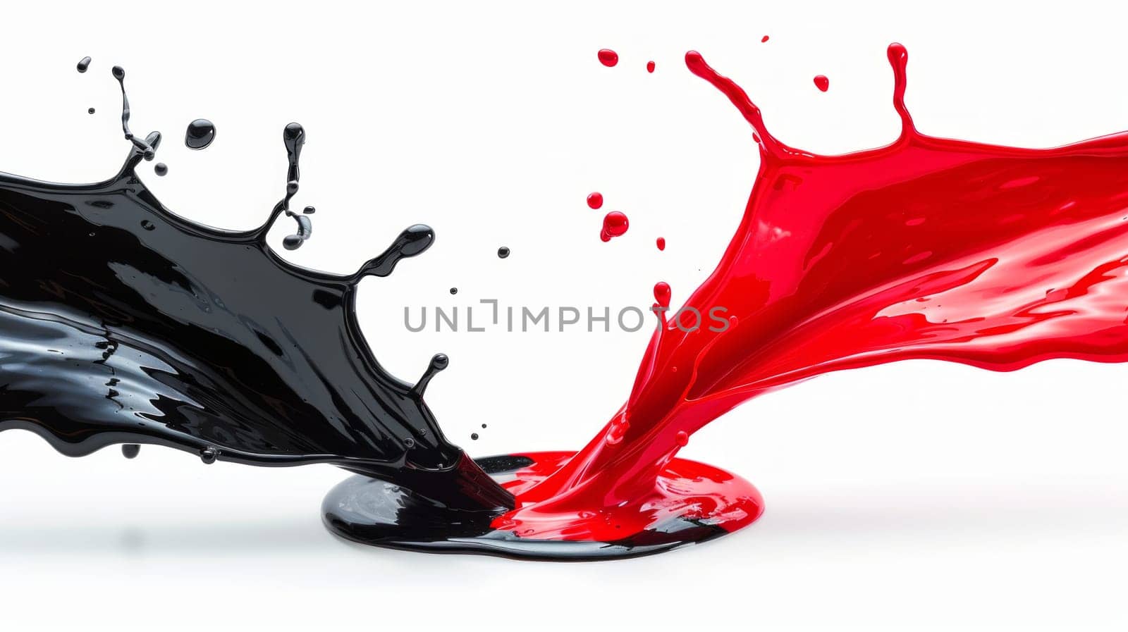 A vivid red liquid collides with a deep black liquid, creating a dramatic and mesmerizing splash in the background paint.
