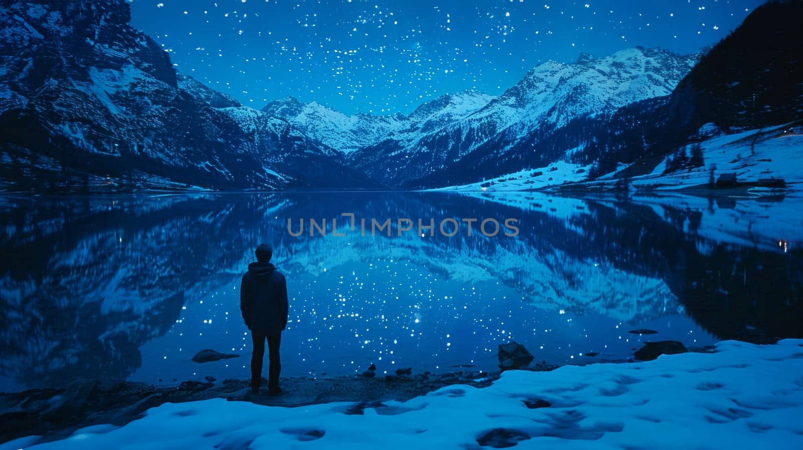 A silhouette of a person standing still in front of a calm lake under the starlit night sky, surrounded by peaceful reflections and a sense of serenity.