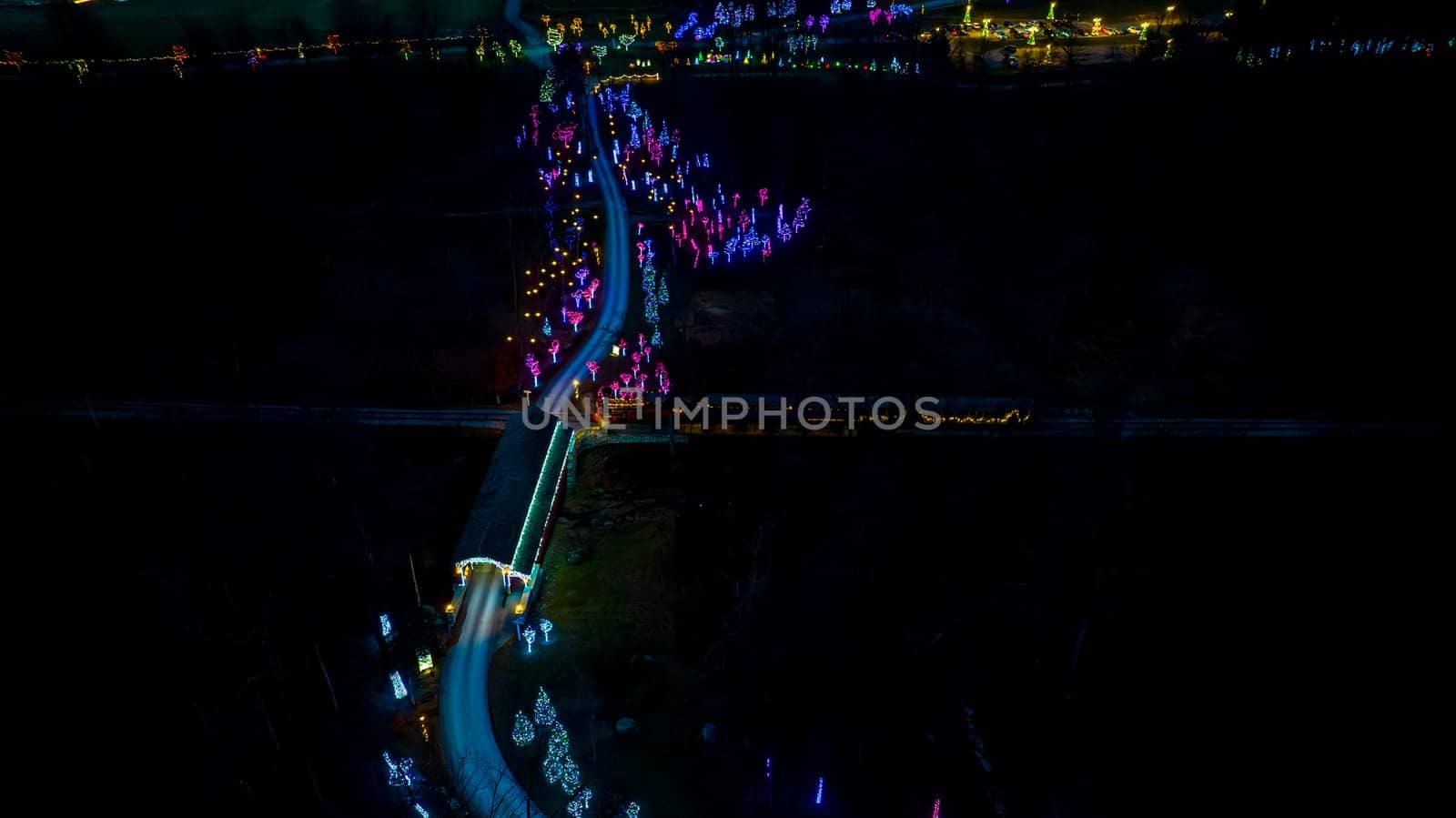 Elevated Nighttime View Of A Curving Road Lined With Neon-Lit Trees Leading To A Distant Cluster Of Brightly Illuminated Areas.