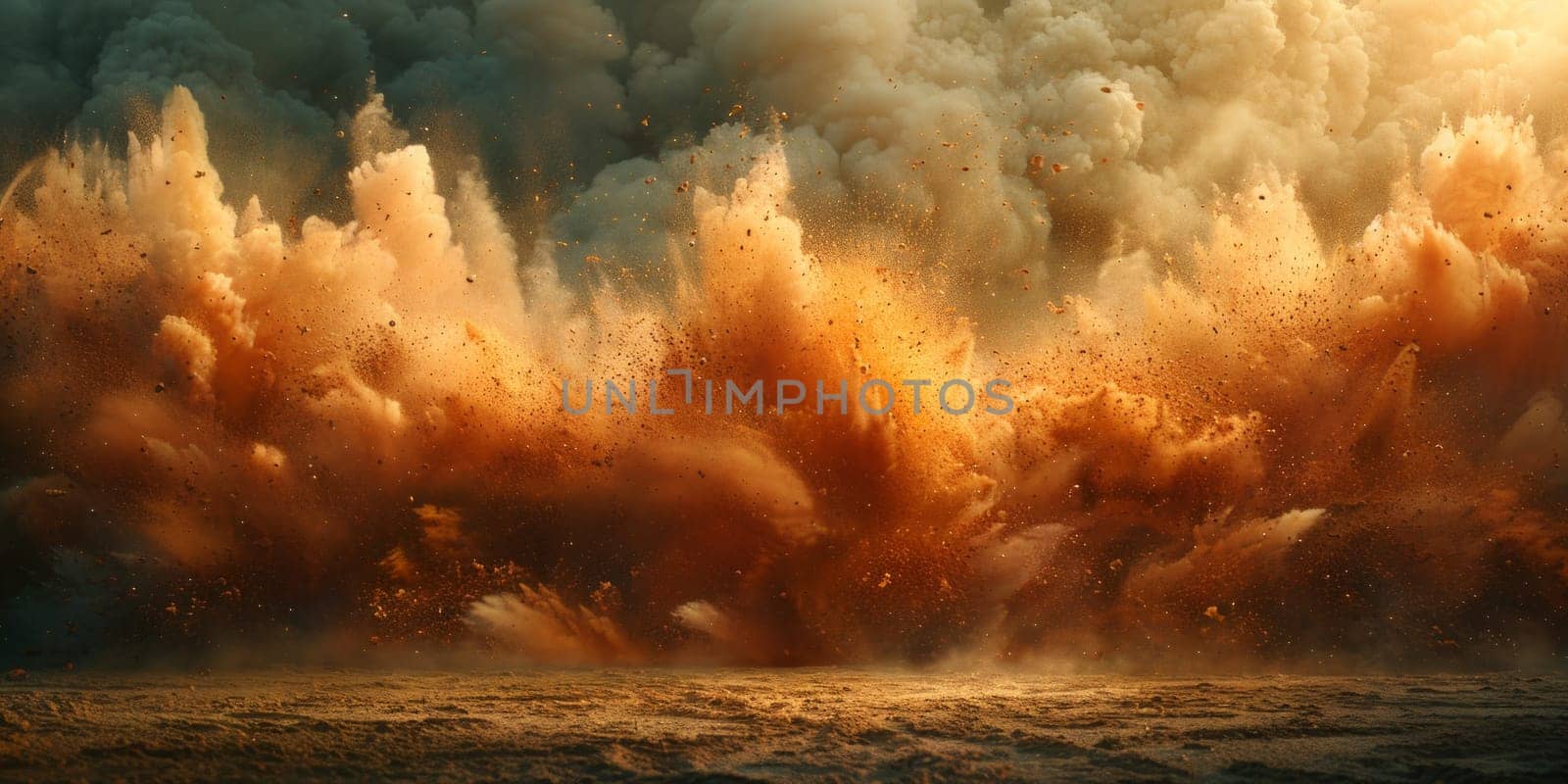 A massive explosion of smoke and dust billows up from the water, creating a mesmerizing scene of chaos and transformation.