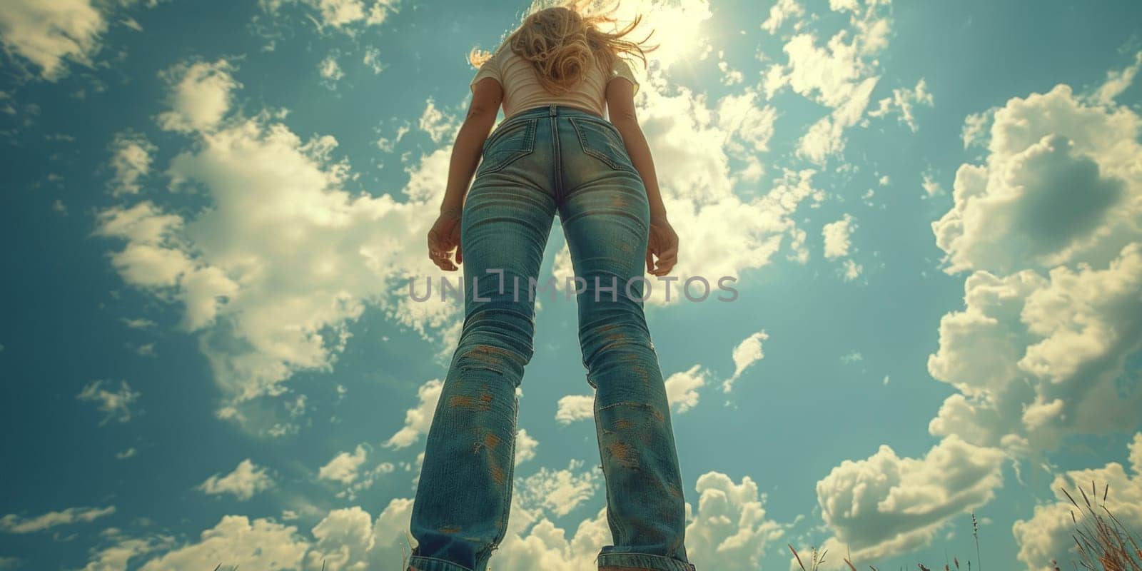 A serene woman stands alone in a vast field, gazing up at the vast expanse of the sky above her.