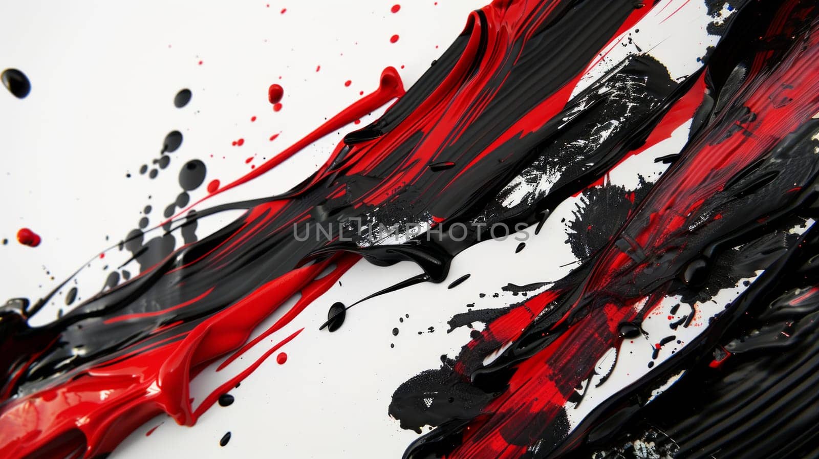 Vivid red and ebony black paint dance across a pristine white canvas in an artistically expressive explosion.