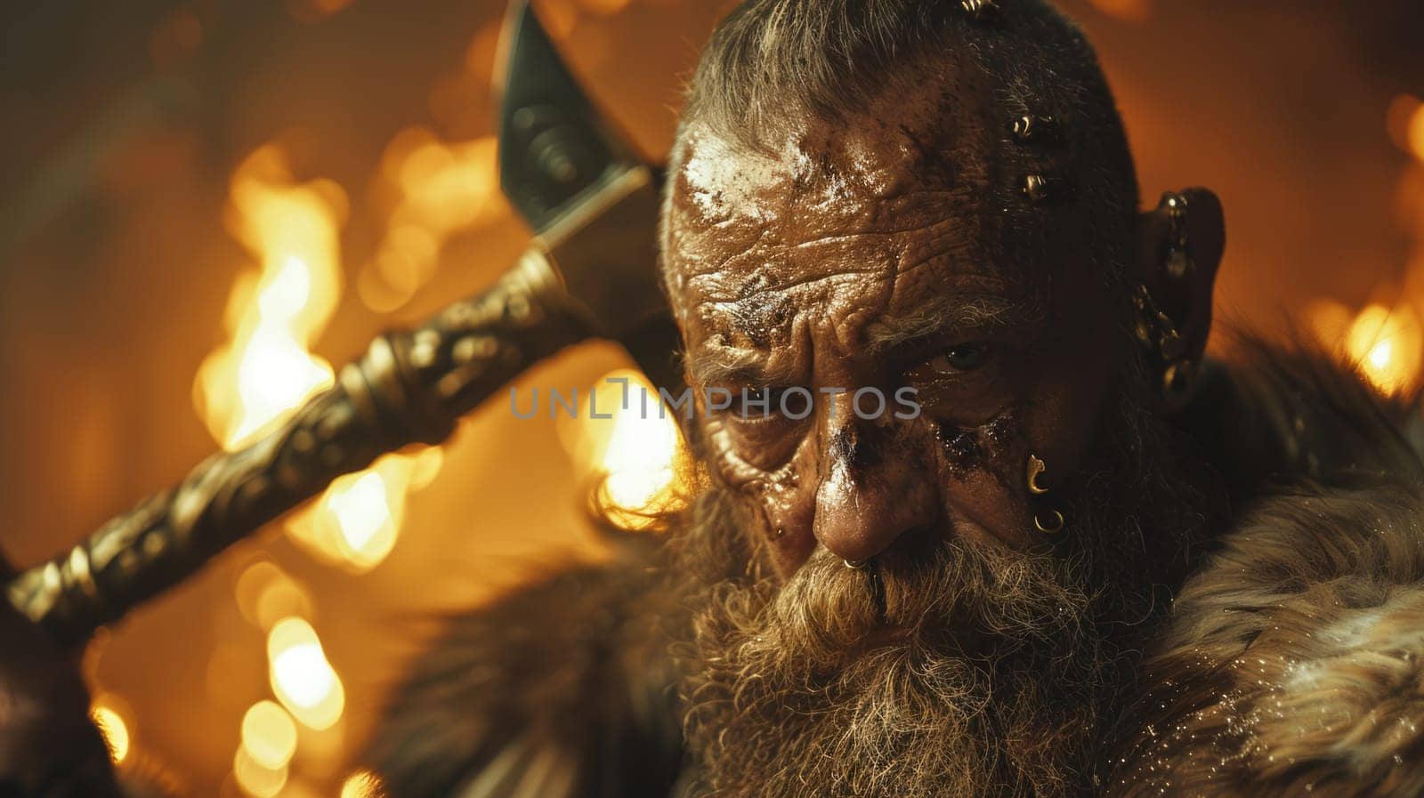 A close up of a man with a large axe, focused and determined, ready for battle by but_photo