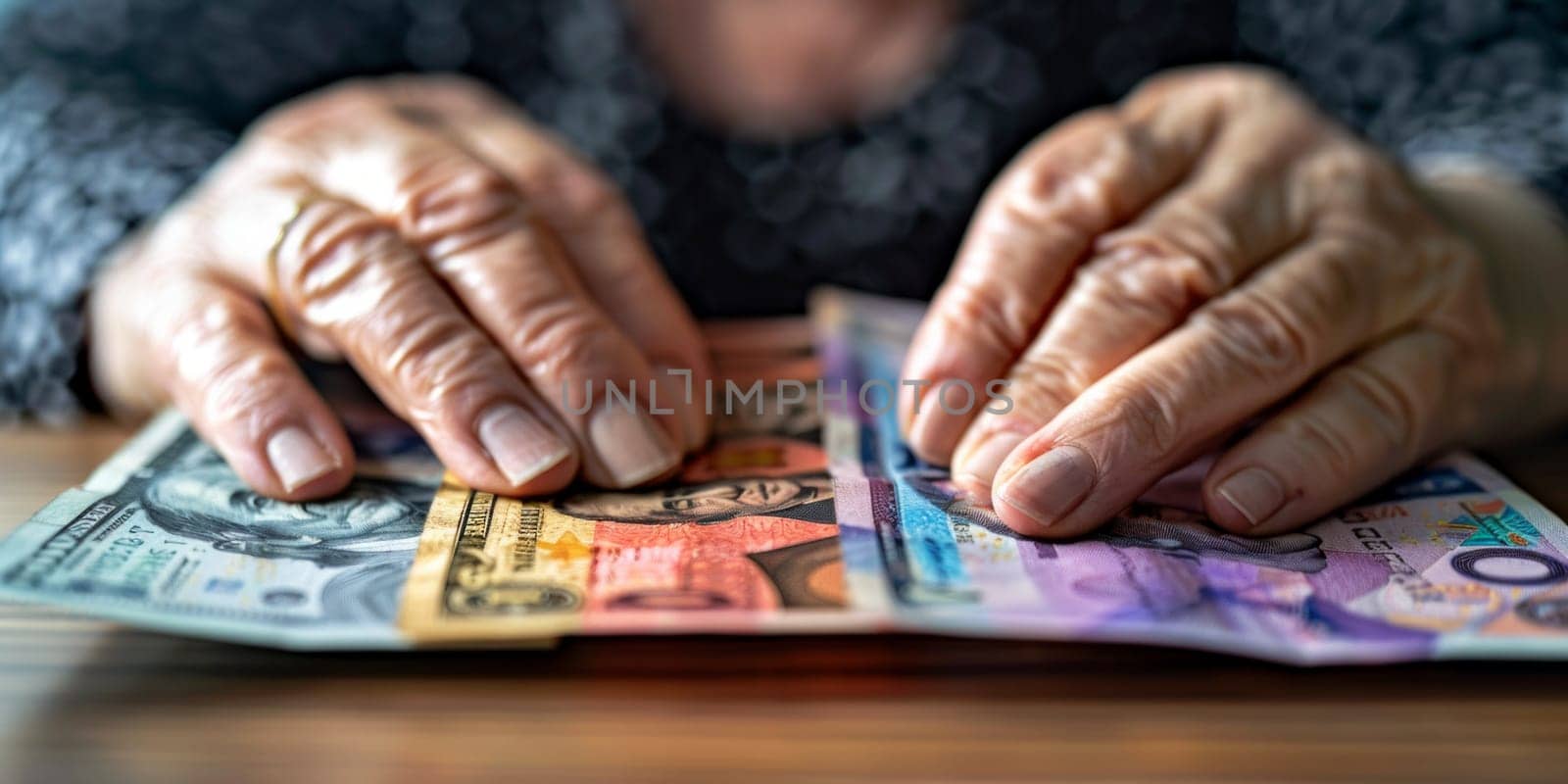 An older woman meticulously counts her wealth, stacks of money neatly organized on the table in front of her.