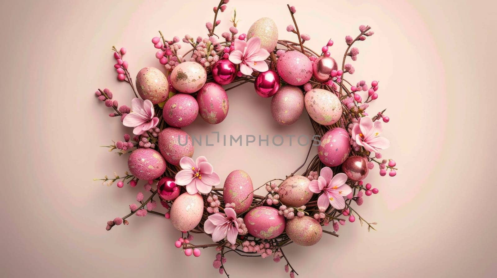 A beautifully crafted pink and white wreath adorned with delicate eggs and vibrant flowers, exuding a sense of whimsical charm and seasonal beauty.