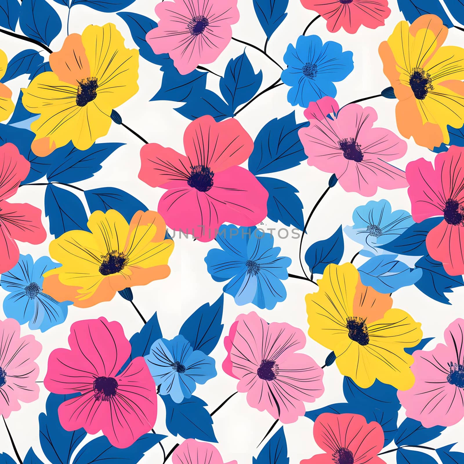 A vibrant pattern featuring colorful flowers, blue leaves, and white background. Ideal for textile products, this groundcover design includes orange petals and electric blue accents