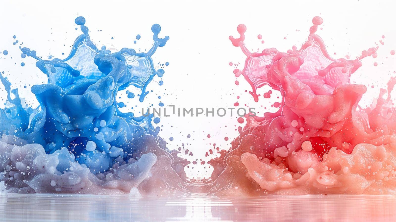 Two vibrant liquids collide, splashing into the serene waters, creating an intricate dance of colors and patterns.