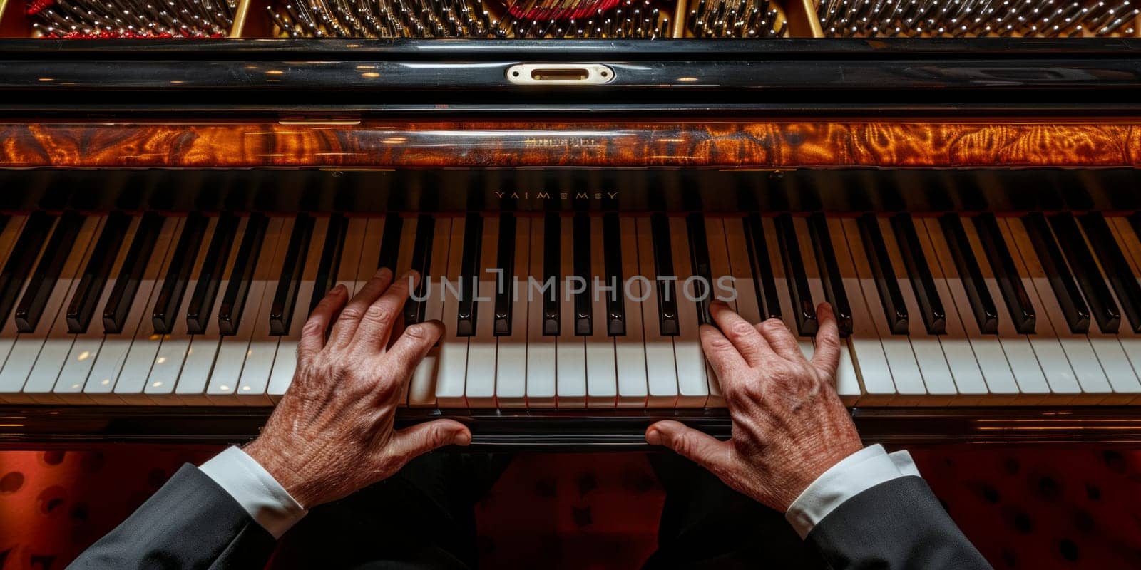 A man in a stylish suit passionately playing a grand piano, his fingers elegantly dancing across the keys, creating beautiful music.