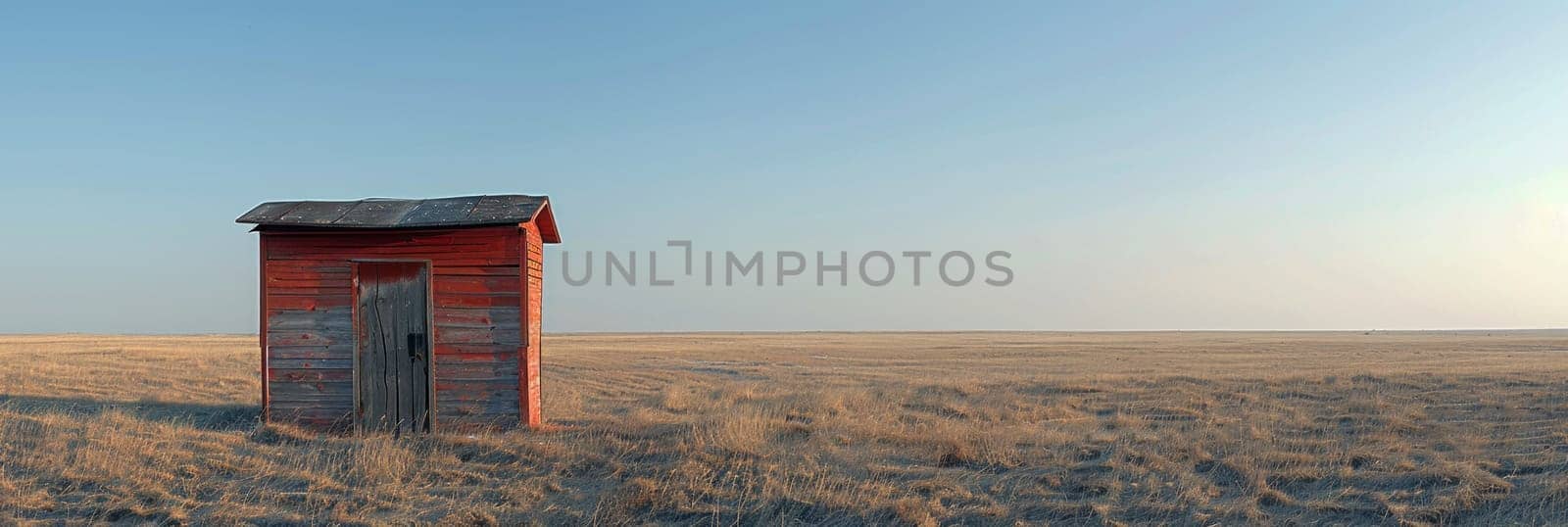 A small outhouse stands alone in the middle of a vast, golden wheat field under a clear blue sky on a sunny day.