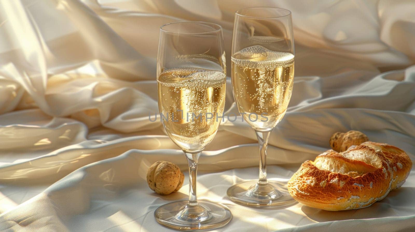 Two elegant champagne glasses and a freshly baked croissant lay gracefully on a pristine white cloth, creating a luxurious and indulgent setting by but_photo