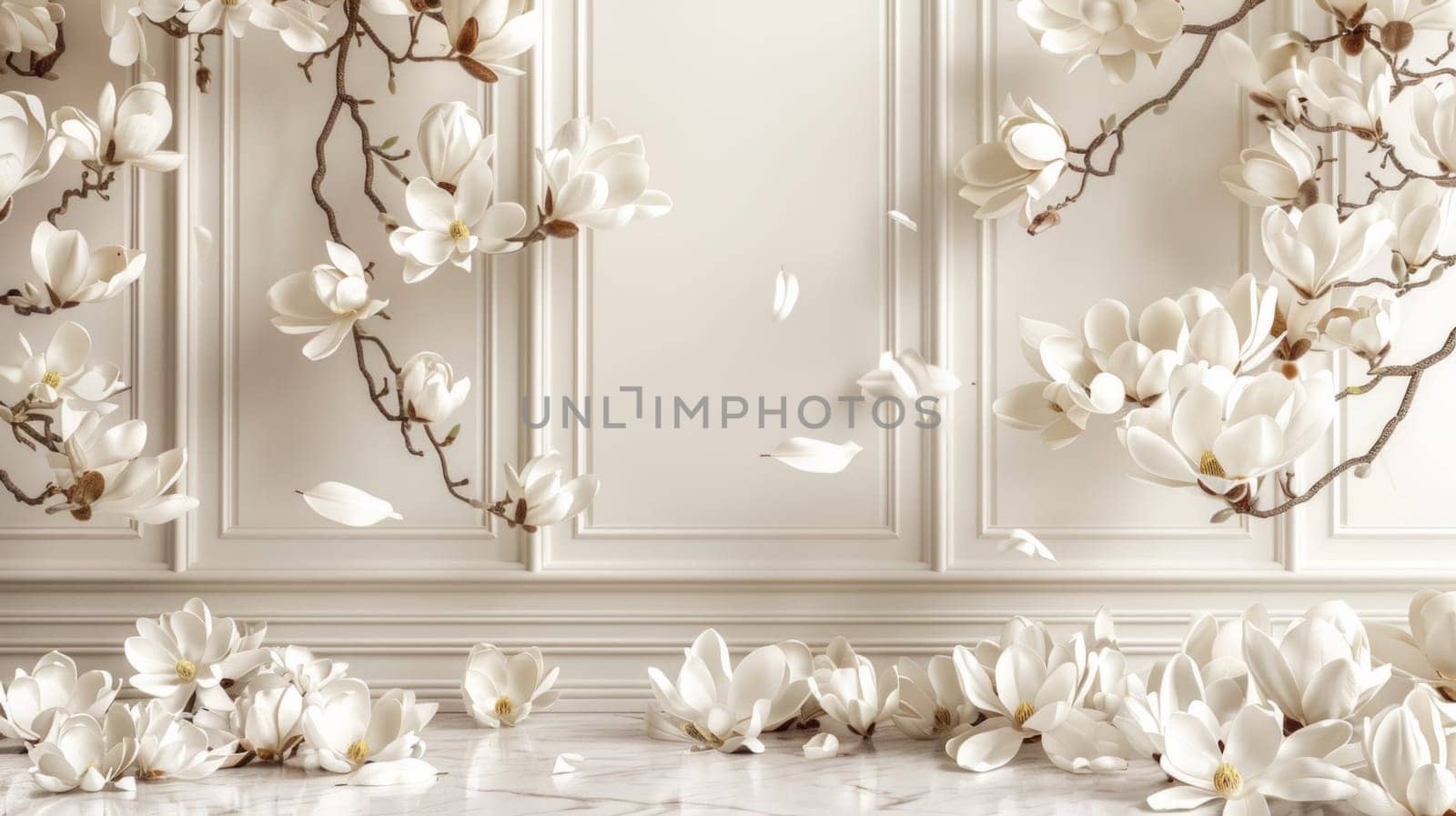 A fresh white wall adorned with a profusion of delicate white flowers, creating a serene and dreamy atmosphere by but_photo