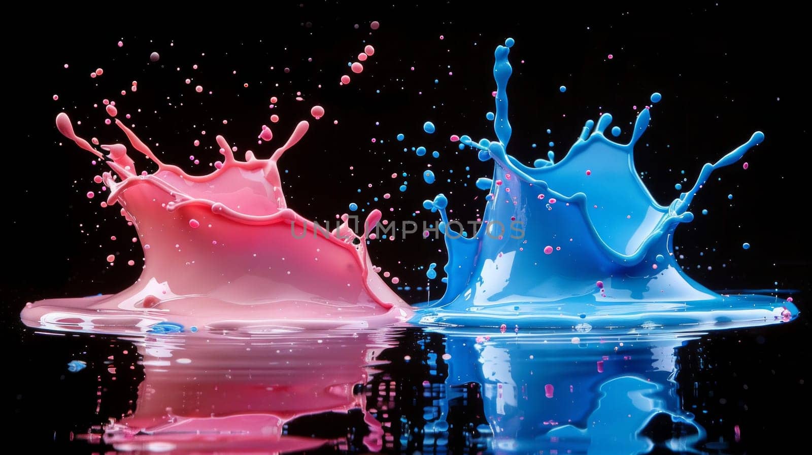 A vibrant splash of blue and pink water dances elegantly on a mysterious black canvas, creating a mesmerizing and dynamic visual experience by but_photo