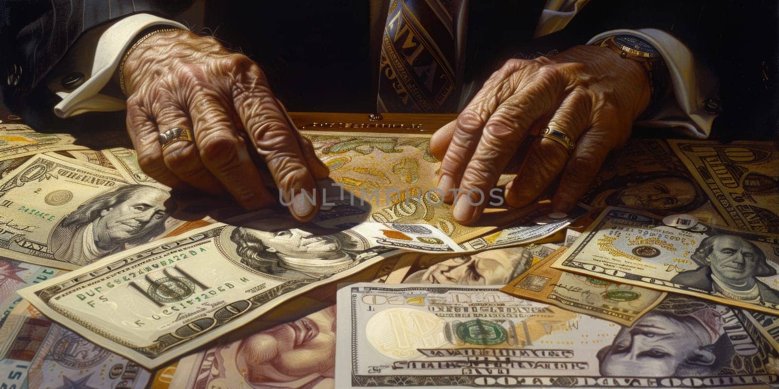 A person joyfully embraces a pile of money with their hands, showcasing financial success and abundance.