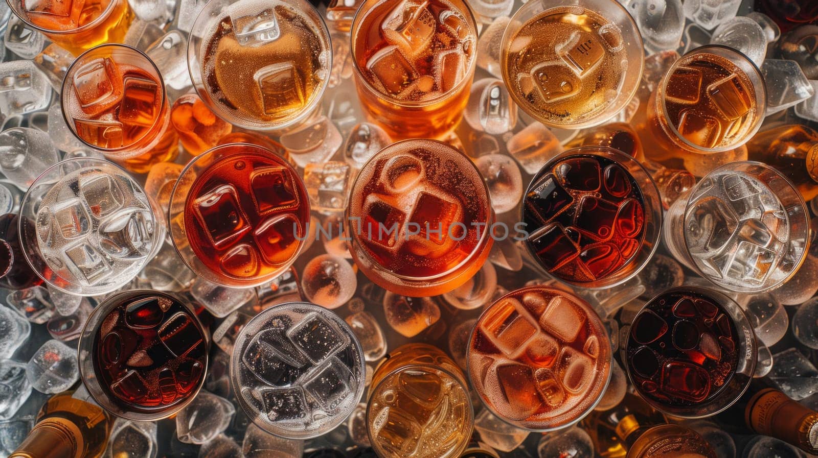 A variety of glasses filled with colorful drinks, showcasing a rich tapestry of flavors and textures in a vibrant cafe setting by but_photo