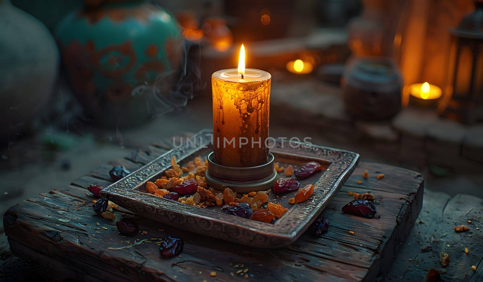 A candle with a flickering flame is placed on a stylish wooden table, creating a cozy atmosphere. This still life photography captures the warm glow and ambiance of the interior design