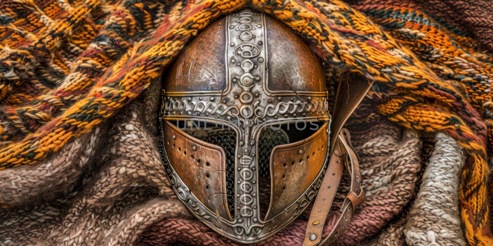 A close-up view of a helmet peacefully laid upon a soft, textured blanket by but_photo