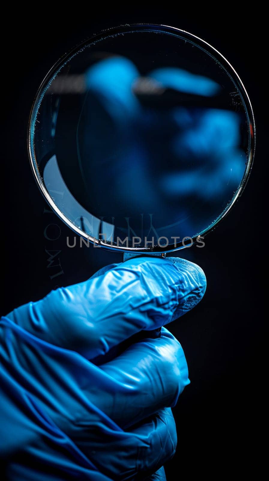 A person in blue gloves carefully inspects an object through a magnifying glass, exploring every detail with curiosity.