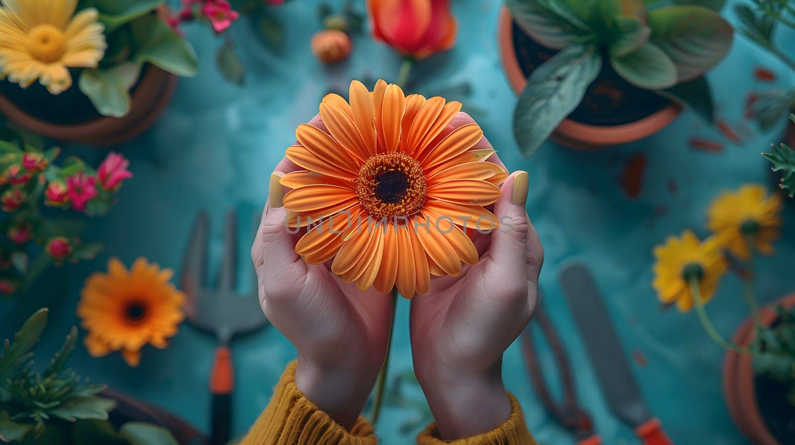 The person is holding a vibrant orange flower with azure petals, a happy organism of nature. The electric blue hues make it a beautiful piece of art