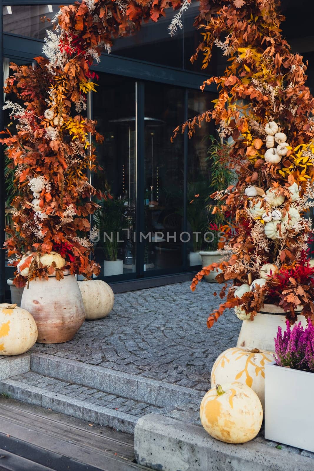 Halloween decorated outdoor cafe or restaurant terrace in America or Europe with pumpkins traditional attributes of Halloween. Frontyard decoration by anna_stasiia