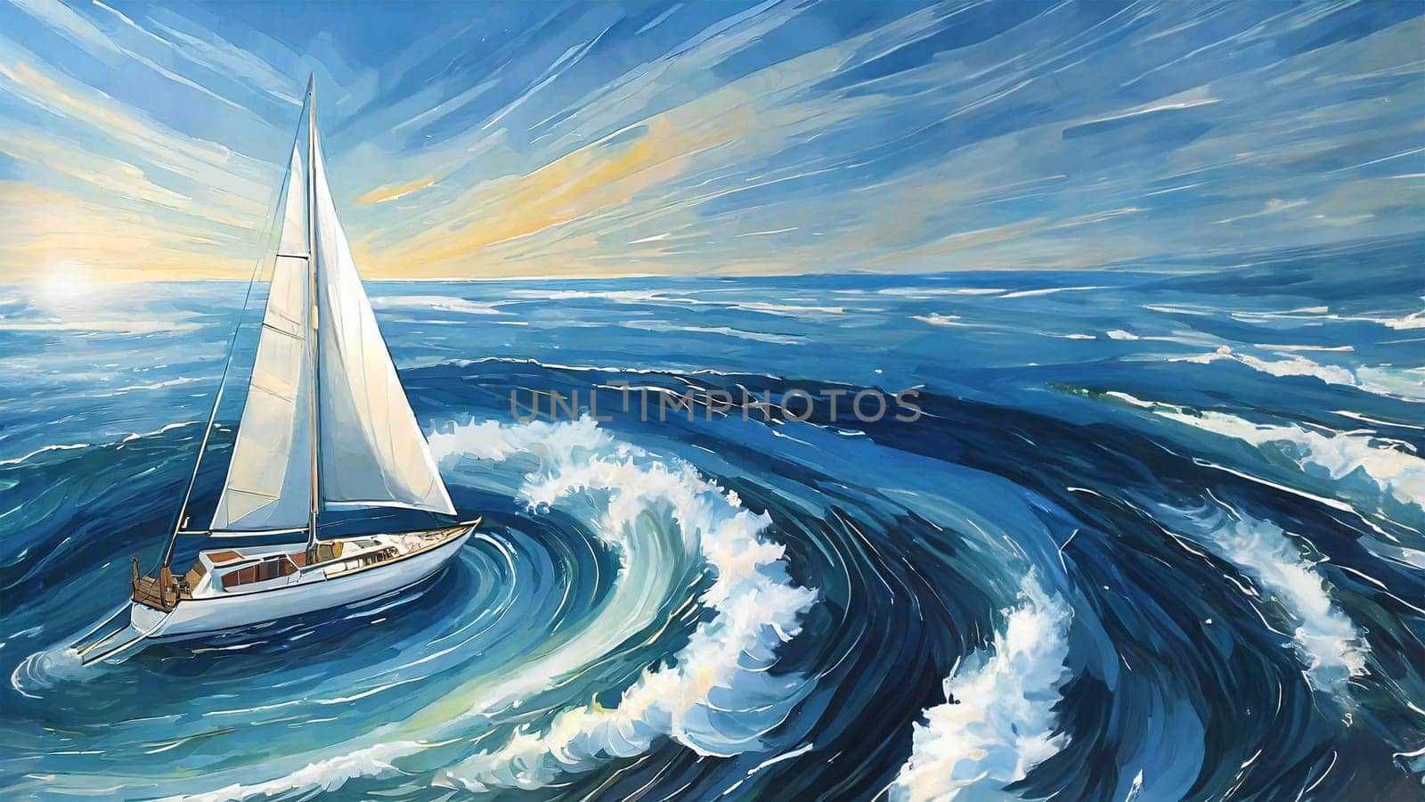 Art ocean whirlpool or Maelstrom of sailboat or ship sucked in or caught. Bright blues illustration of a boat at sea with waves, clouds and wind. Nautical Scenic Landscape Illustration. Concept of confusion, danger or fear. AI.
