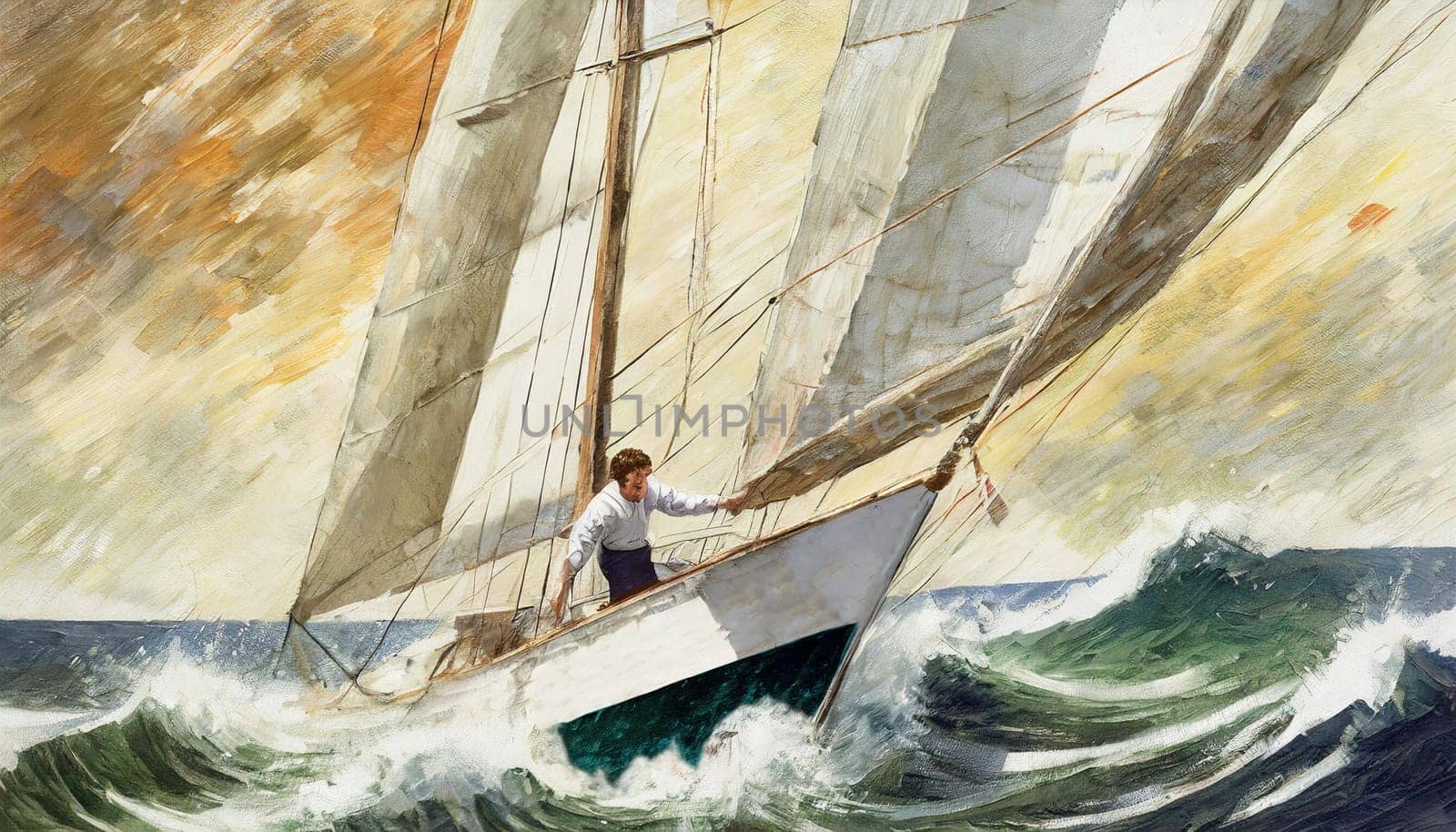 Sailboat or boat in a turbulent sea, Ship in rough sea nautical tempest with wind and rain. Concept of danger, confusion and heroism. AI illustration