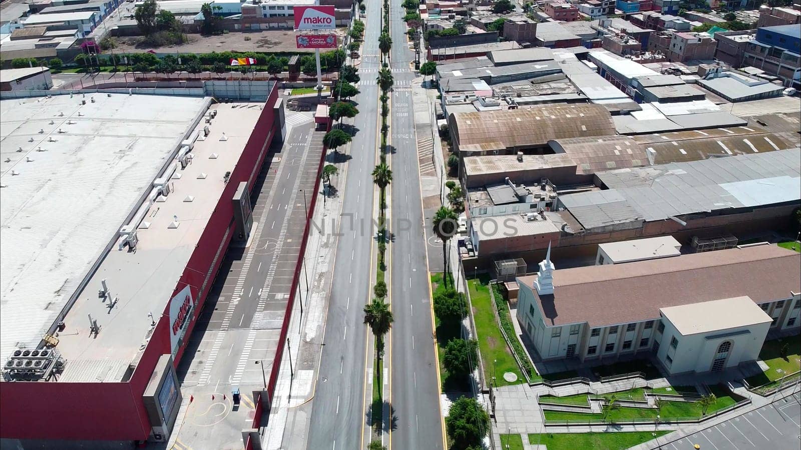 Surco district, in Lima Peru. During the lockdown for coronavirus. Empty streets, few public transportation. Aerial view