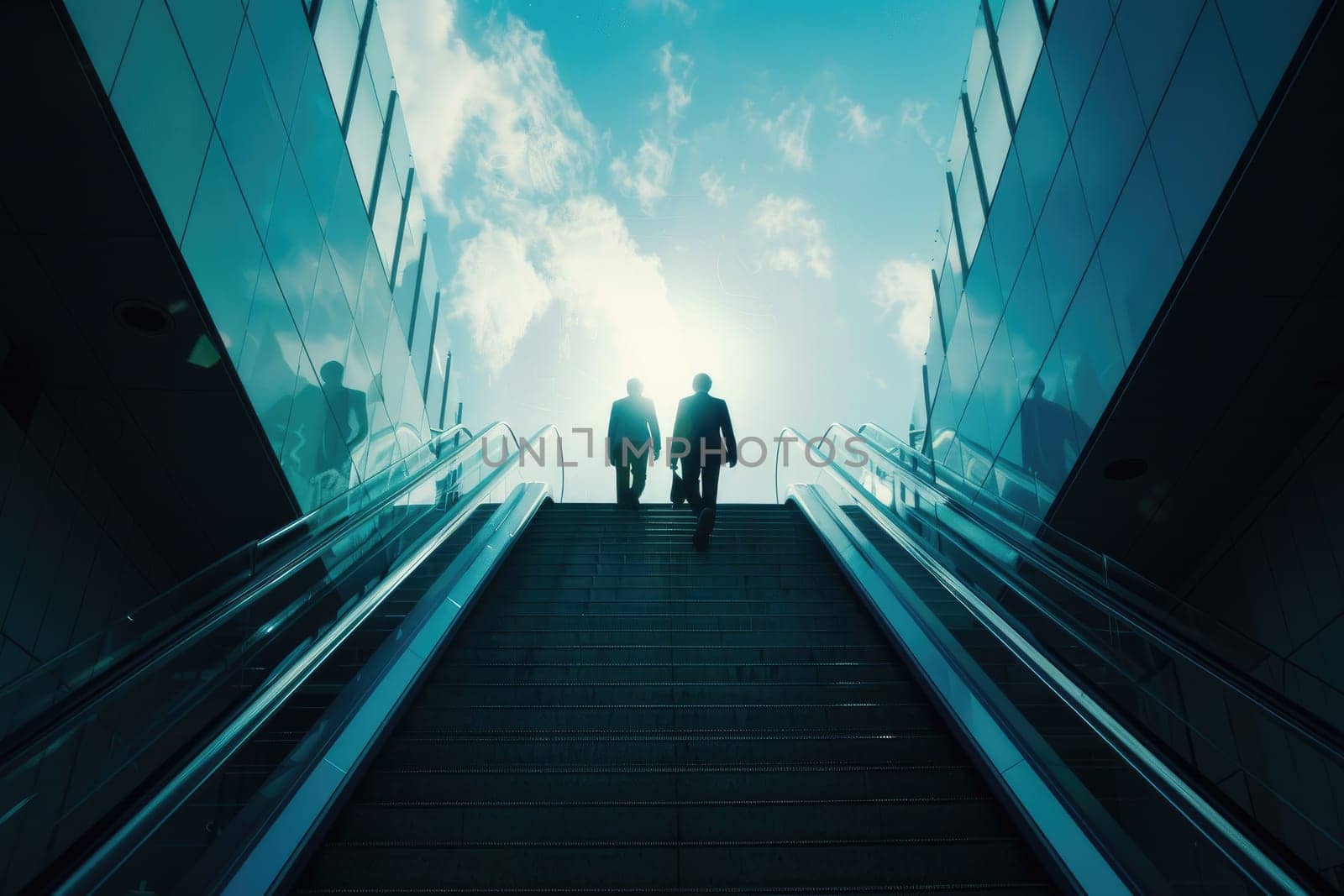 Rear view of business person climbing stairs, Ambitions concept with business person, Generative AI.