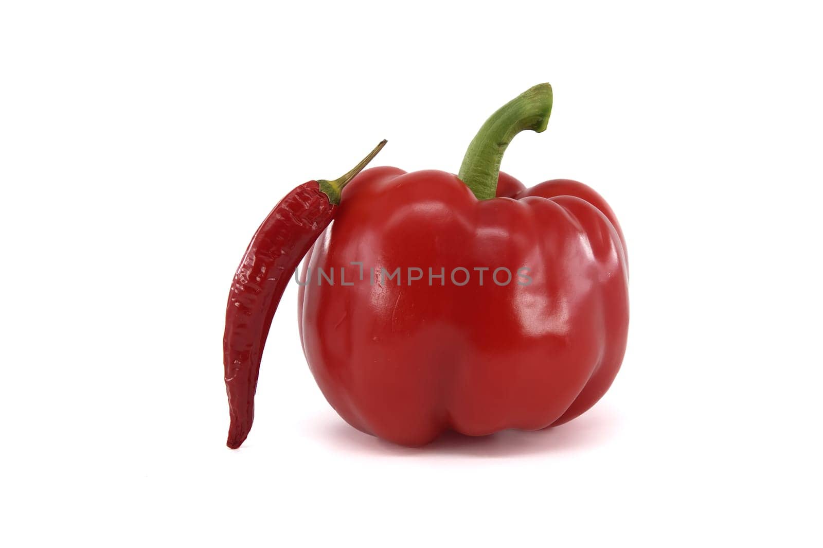 Dried chili peppers and fresh red bell peppers isolated on white background
