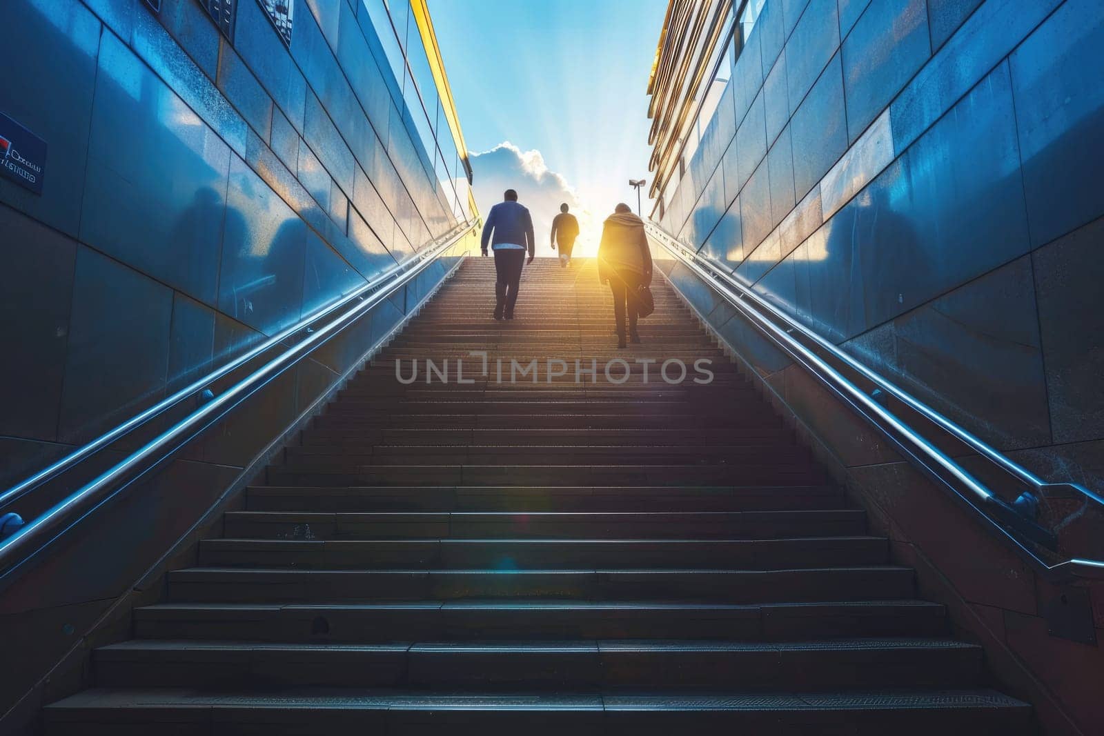 Rear view of business person climbing stairs, Ambitions concept with business person, Generative AI.