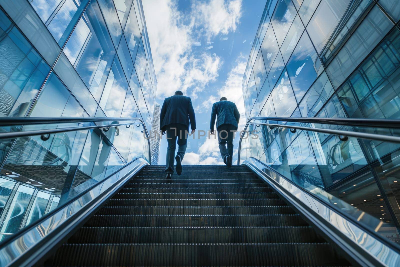 Rear view of business person climbing stairs, Ambitions concept with business person, Generative AI.