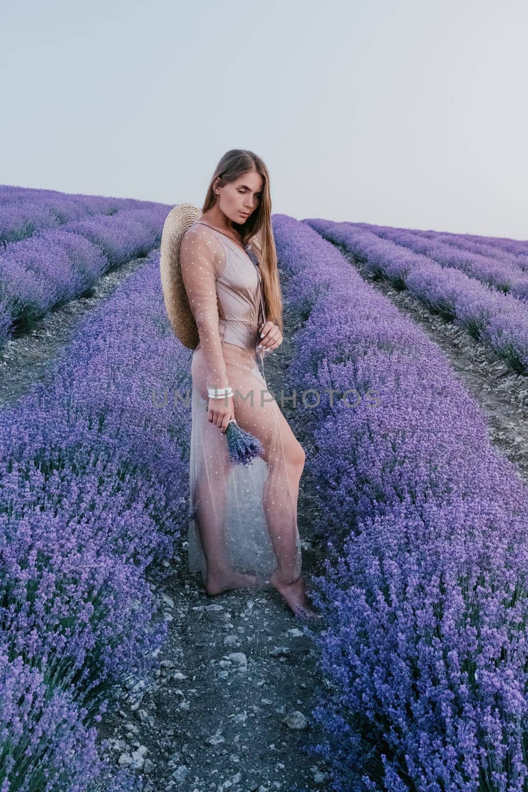 Close up portrait of young beautiful woman in a white dress and a hat is walking in the lavender field and smelling lavender bouquet.