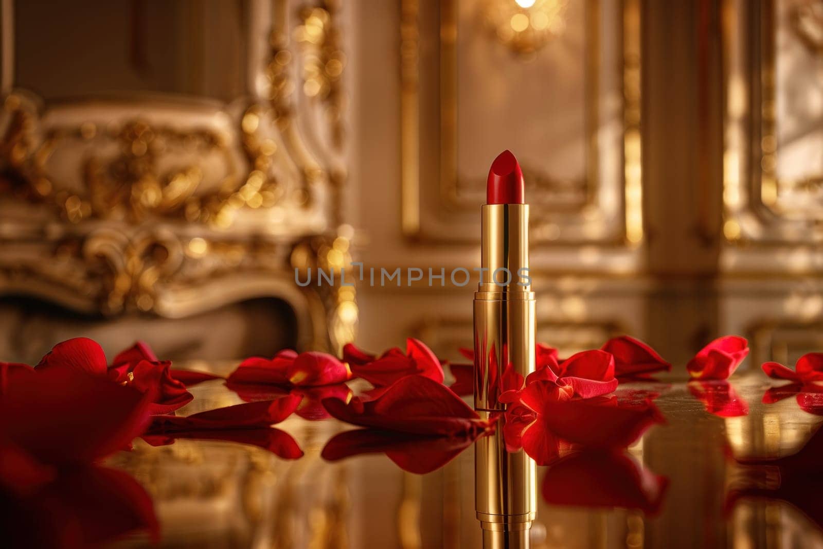 A red lipstick is on a table with red rose petals.