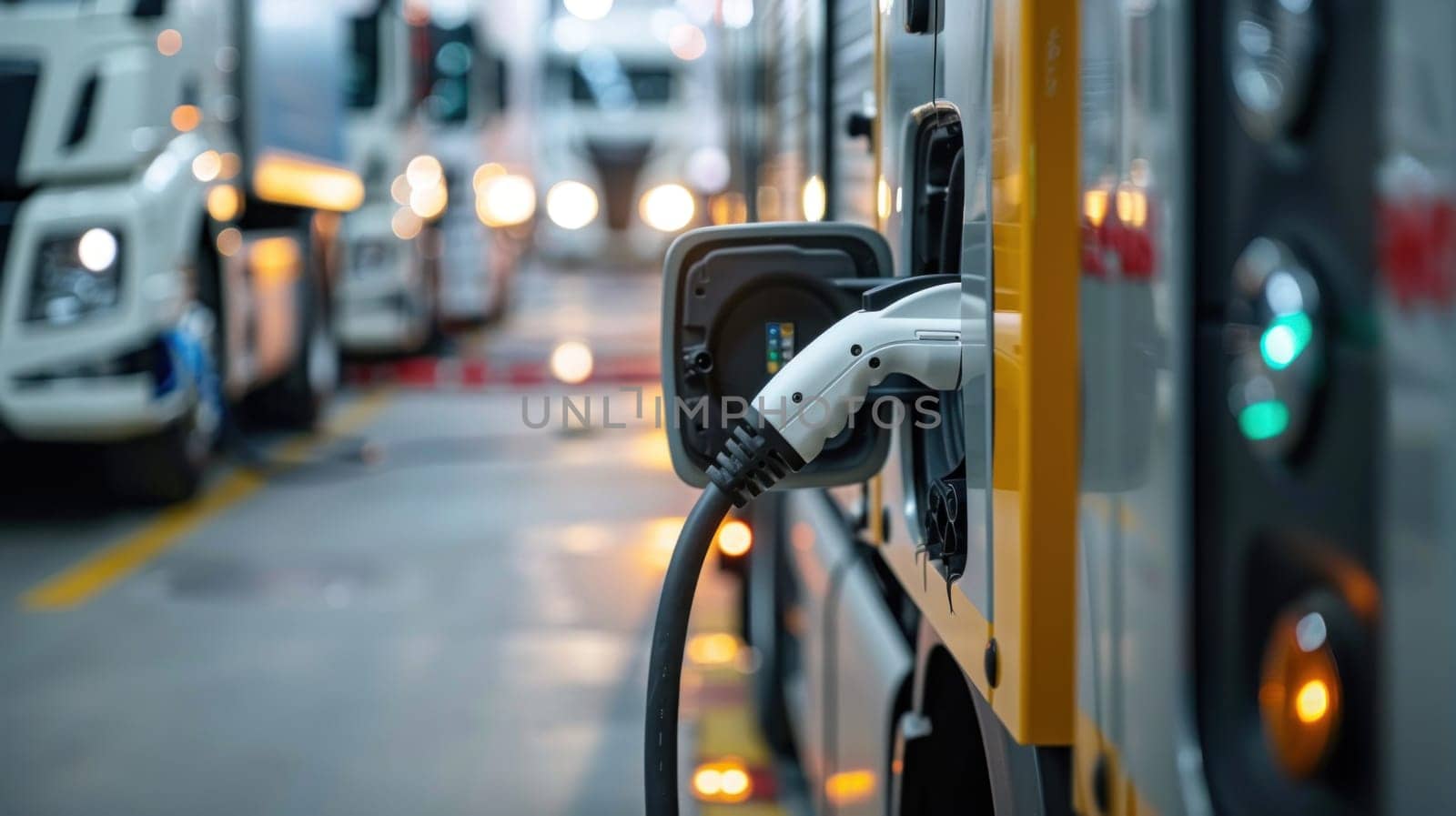 A large black truck is being charged at a charging station.