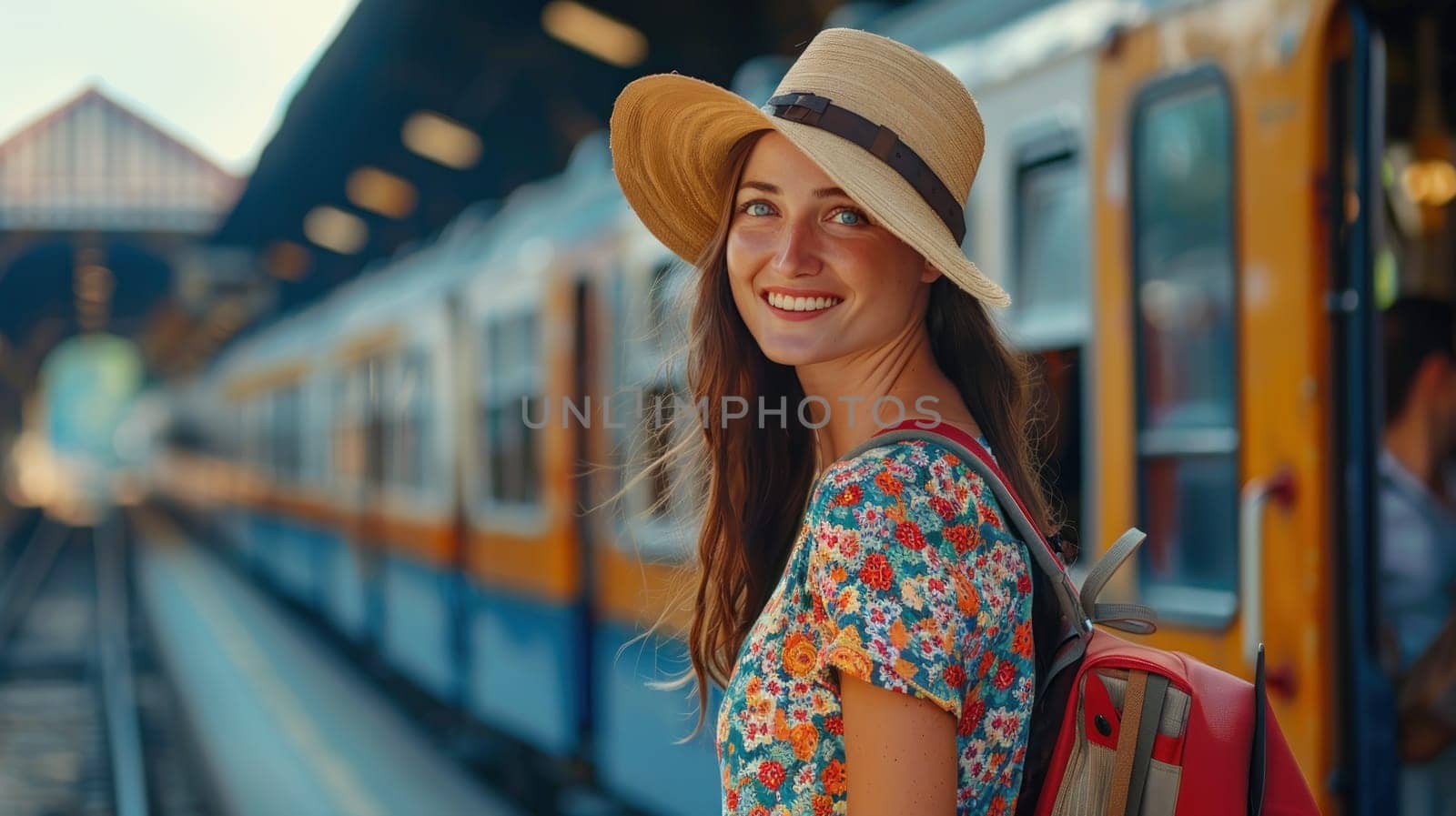 A woman wearing a straw hat and a dress stands in front of a train by golfmerrymaker