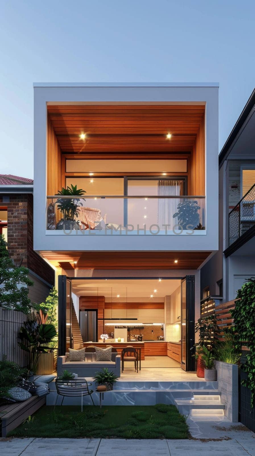 A modern house with a large balcony and a small garden by golfmerrymaker