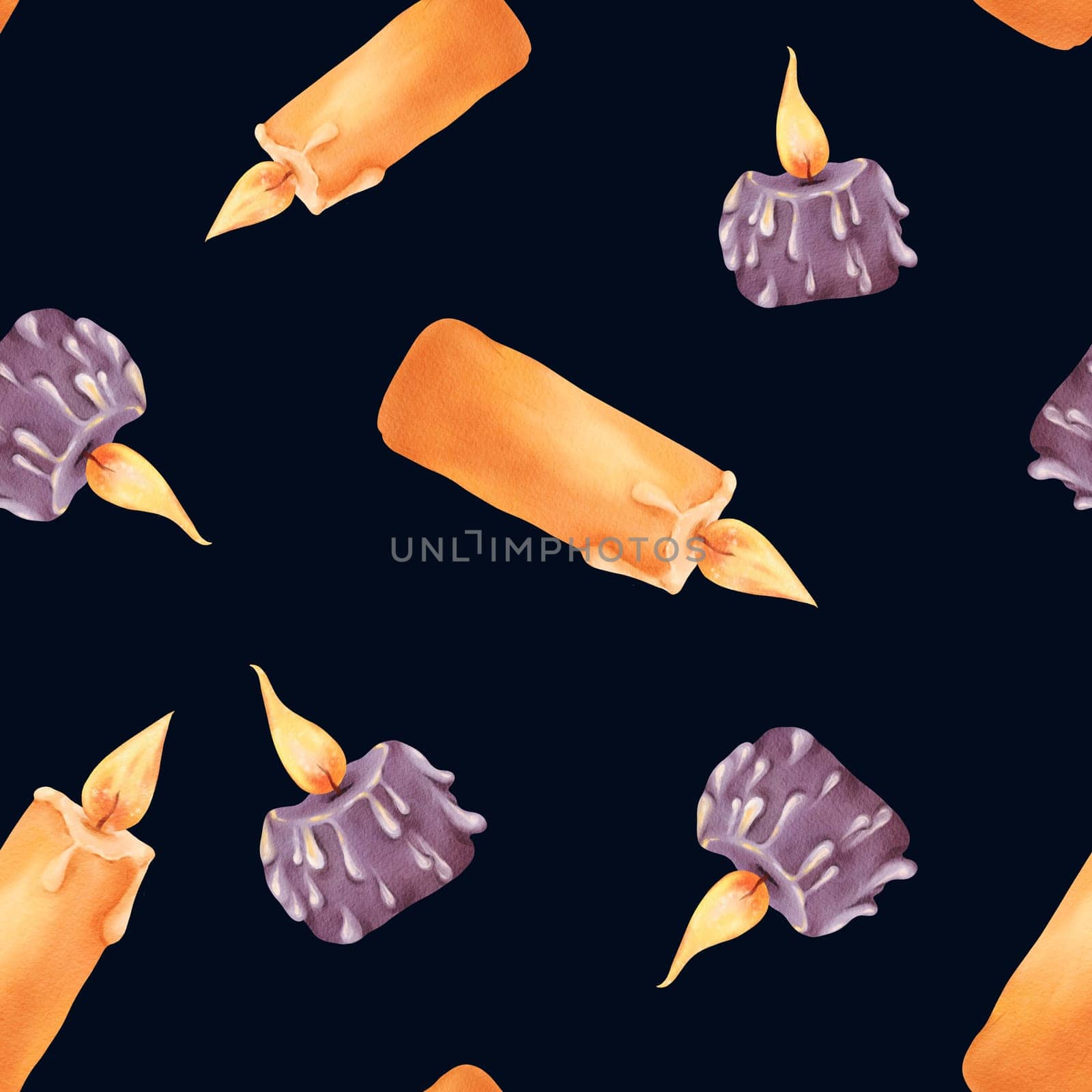 Watercolor seamless pattern featuring vibrant candles. Religious and Christmas-themed, with Halloween colors of orange and purple. Warm flames and dripping wax. for packaging, Dark background by Art_Mari_Ka