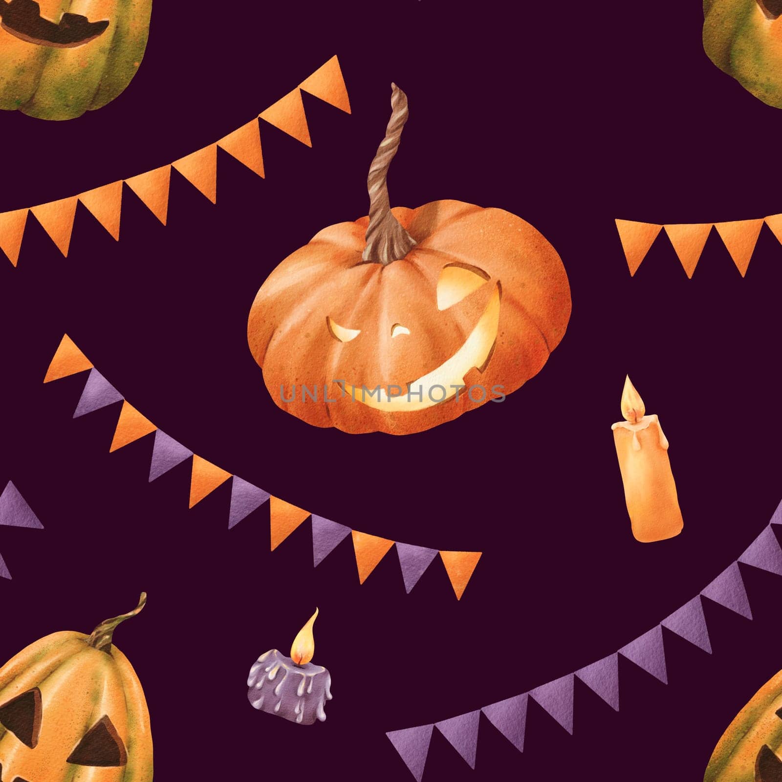 Seamless Halloween pattern. vibrant orange pumpkins with carved faces orange and purple candles festive flags garlands. Classic holiday elements in a watercolor illustration. Dark background by Art_Mari_Ka