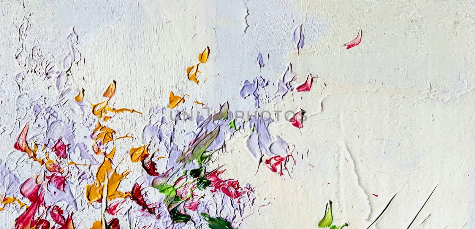 Abstract background - oil painting on canvas with flowers and paint strokes. Fragment of Modern artwork.