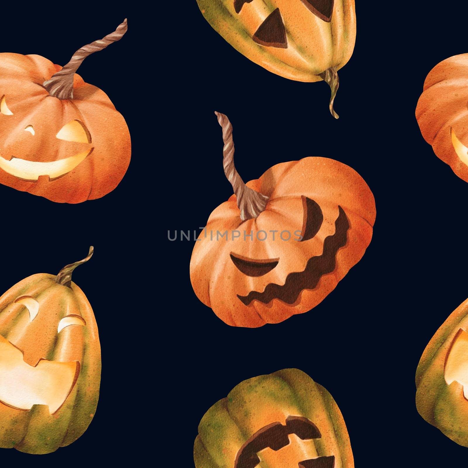 Seamless Halloween pattern with bright orange pumpkins sporting carved faces, capturing classic holiday motifs. Dark background. Watercolor illustration suitable for packaging, textiles, and books by Art_Mari_Ka