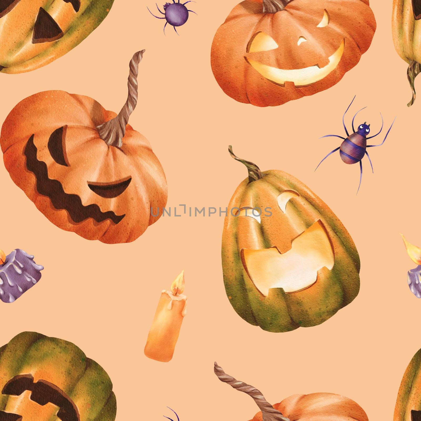 Seamless Halloween pattern. bright orange pumpkins with carved faces, with orange and purple candles and venomous spiders. Classic holiday elements. watercolor. packaging, textiles, Beige background by Art_Mari_Ka