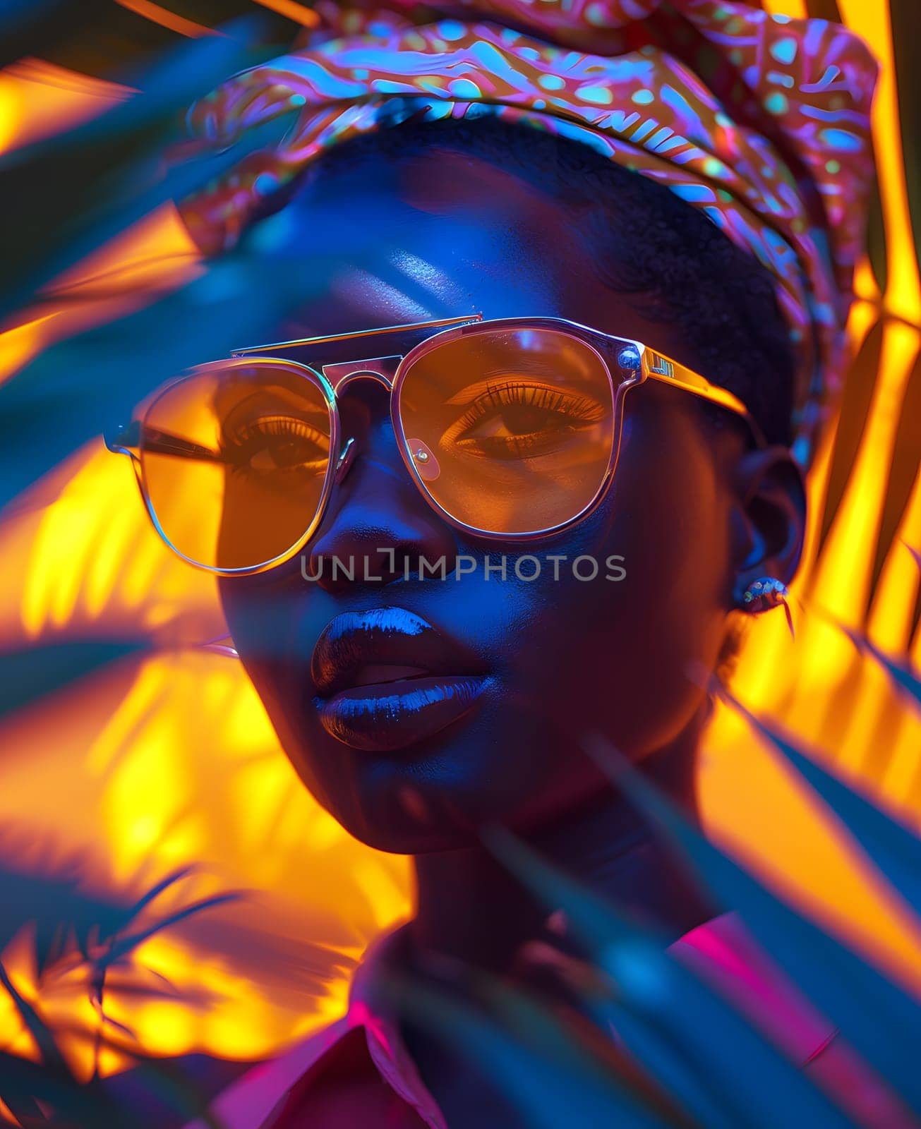 a woman wearing sunglasses and a head scarf is standing in front of a palm tree. High quality photo