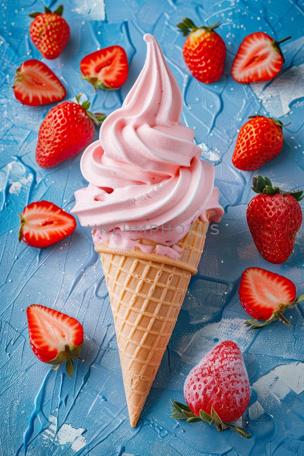 Strawberry ice cream and strawberries on blue background.