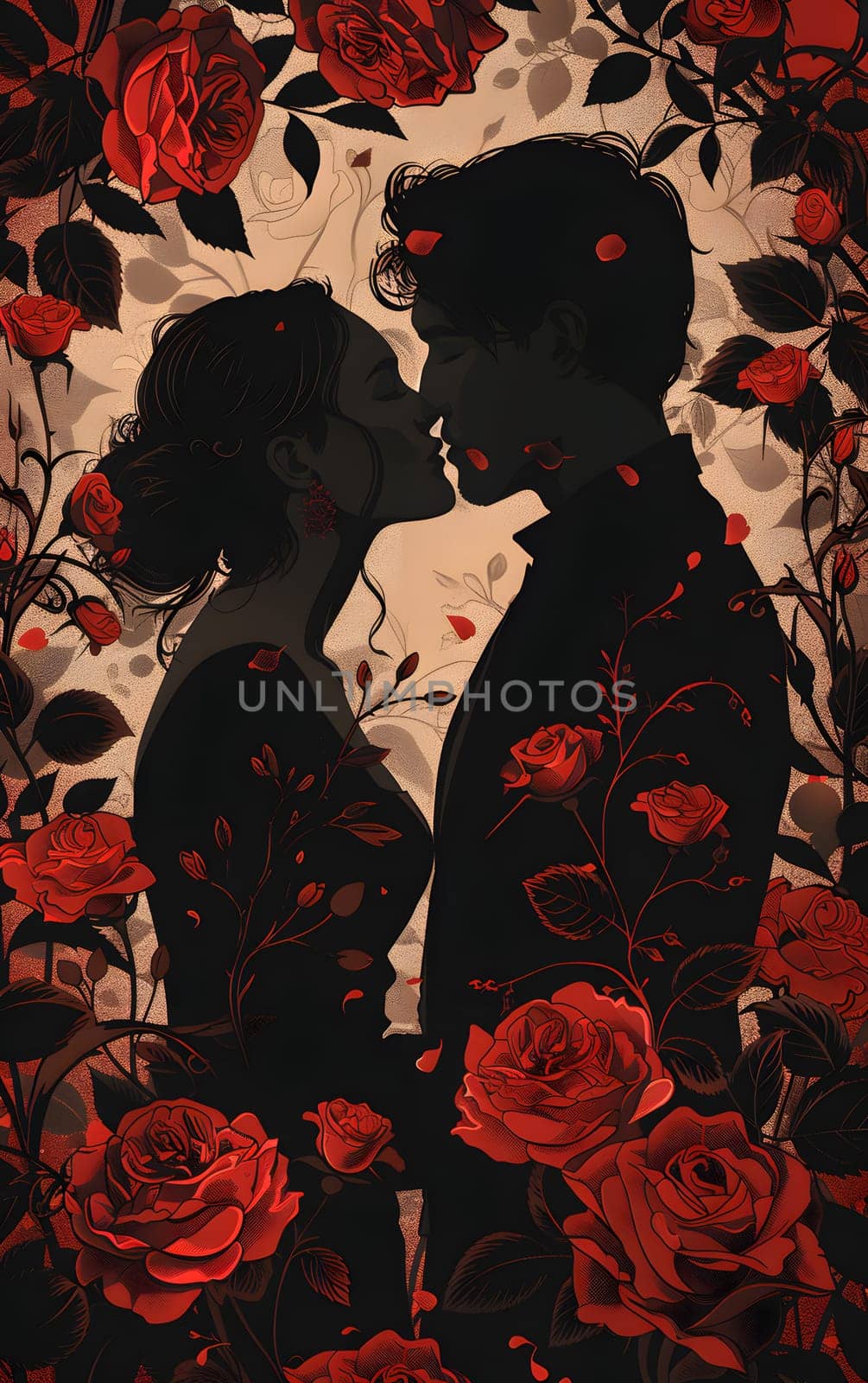 The couples tender kiss amidst the red roses creates a beautiful visual arts scene in the garden. The petals, flowers, and vibrant red colors form a mesmerizing pattern in this romantic event