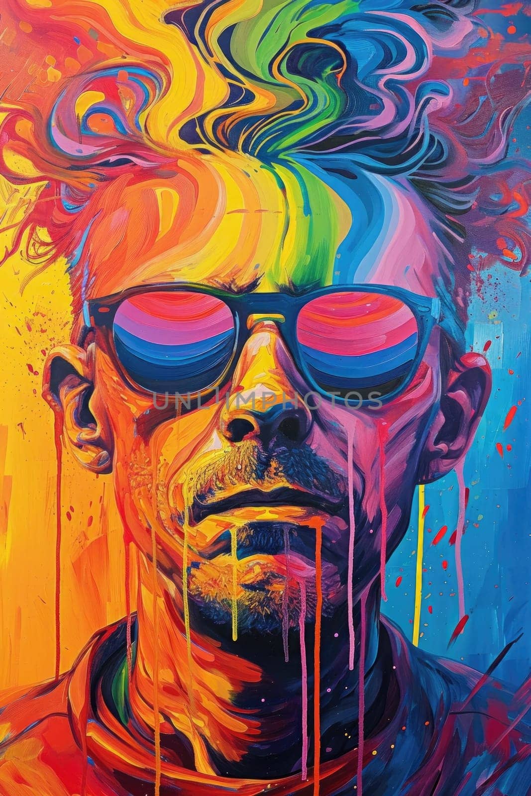 The comic colourful picture of the short hair male adult human head and has been wearing sunglasses with straight face yet picture fill with various colour that make picture fill with emotion. AIGX01.